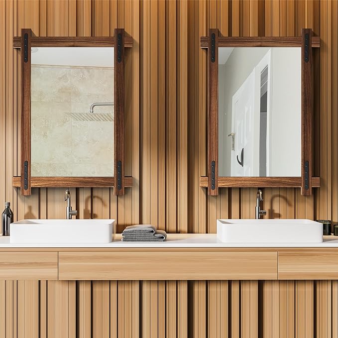 YOSHOOT Farmhouse Wood Bathroom Mirror, Round Corner Vanity Mirror - Image 4
