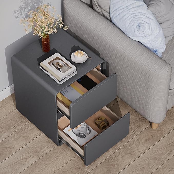 VICITON Modern Narrow Faux Leather Nightstand, Solid Wood Drawer, Storage - Image 8