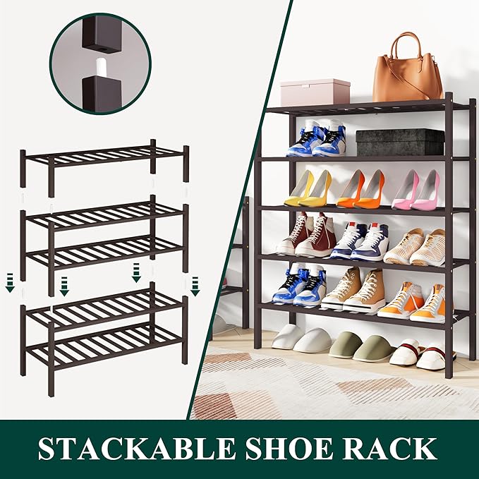 Smiry Shoe Rack, 5 Tier Bamboo Shoe Organizer, Stackable Free Standing Wooden - Image 4