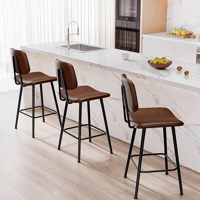 24-Inch Leather Bar Stools Set of 3, Counter Height Barstools - Image 7