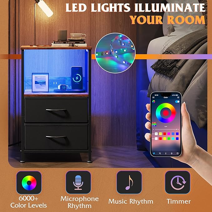 WLIVE Nightstand with Charging Station, LED Night Stand with 2 Fabric Drawers - Image 4