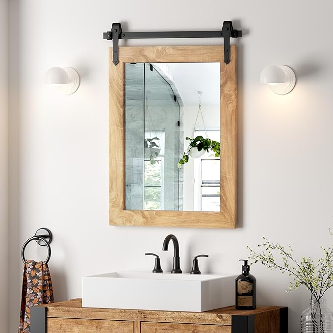 Farmhouse Barn Door Mirror 22”x32” Rustic Decorative Vanity Mirrors Wall Decor by Menscha