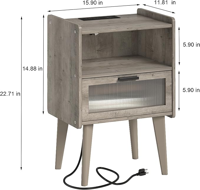 Nightstand with Charging Station, Bedside Tables Oak Grey End Table Side Table - Image 3