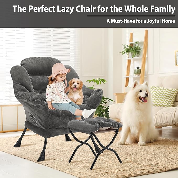 Lazy Chair with Folding Ottoman, Accent Chair Plush Upholstered with Metal - Image 4