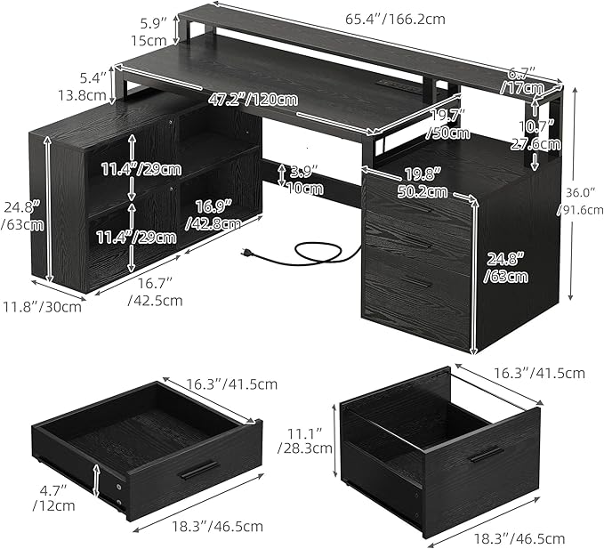 DWVO L Shaped Desk with Drawers, Corner Home Office Desk with Storage Shelves & - Image 2