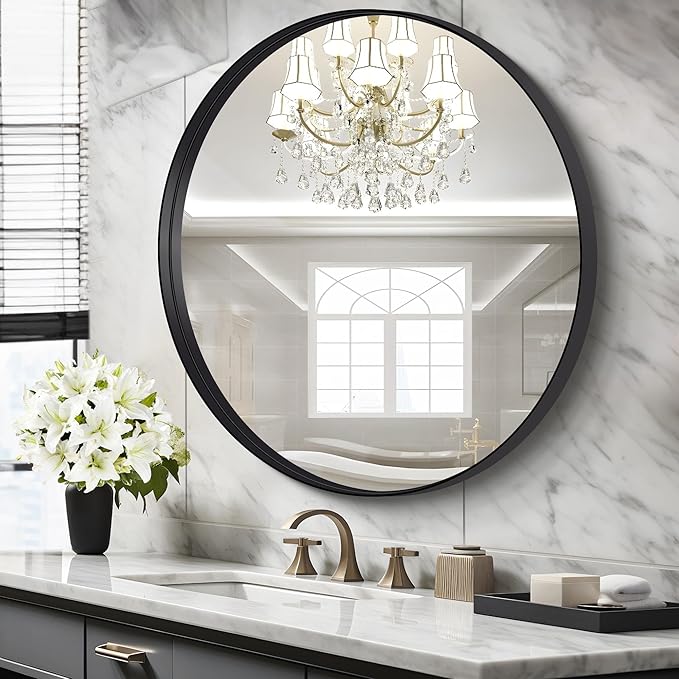 Black Round Mirror 36 inch Deep Frame Circle Mirror, Metal Framed Bathroom - Image 2