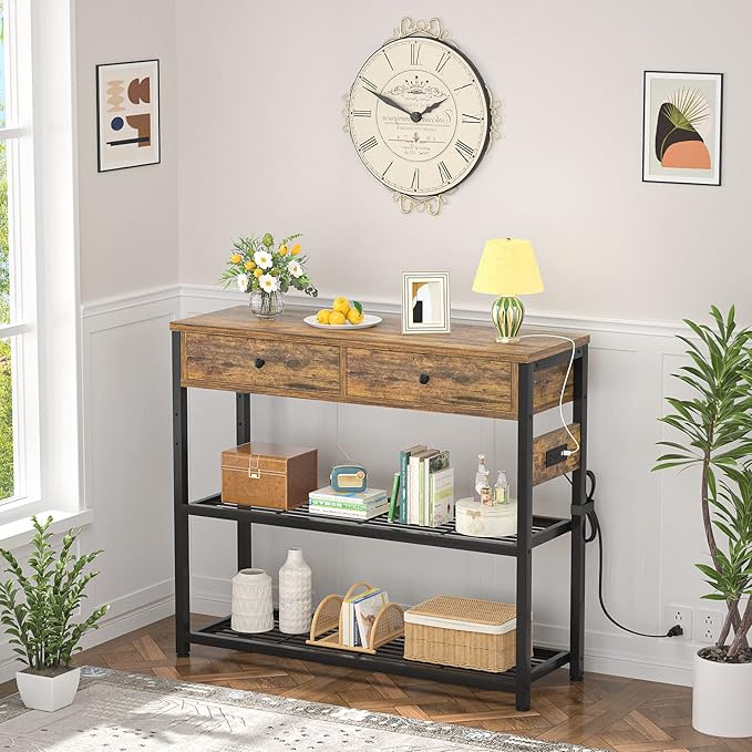 Ecoprsio Entryway Table with Outlets and USB Ports, Console Table with 2 Drawers - Image 2