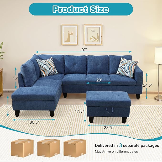 L Shaped Couch Modern Sectional Couch Upholstered Linen Fabric 3 Pieces Sofas - Image 2