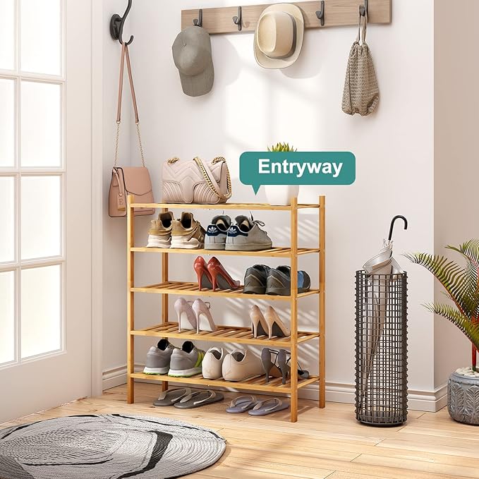 5-Tier Bamboo Shoe Rack for Entryway, Stackable | Foldable | Natural, Shoe - Image 4