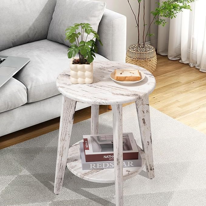 Farmhouse Round Side Table Rustic White Wooden End Table - Image 4