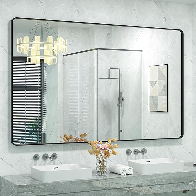 60x40 Inch Black Metal Framed Bathroom Mirror by CHARMOR