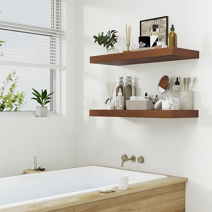 12" Deep Walnut Floating Shelves, Over Toilet Long Wall Mounted Modern - Image 7