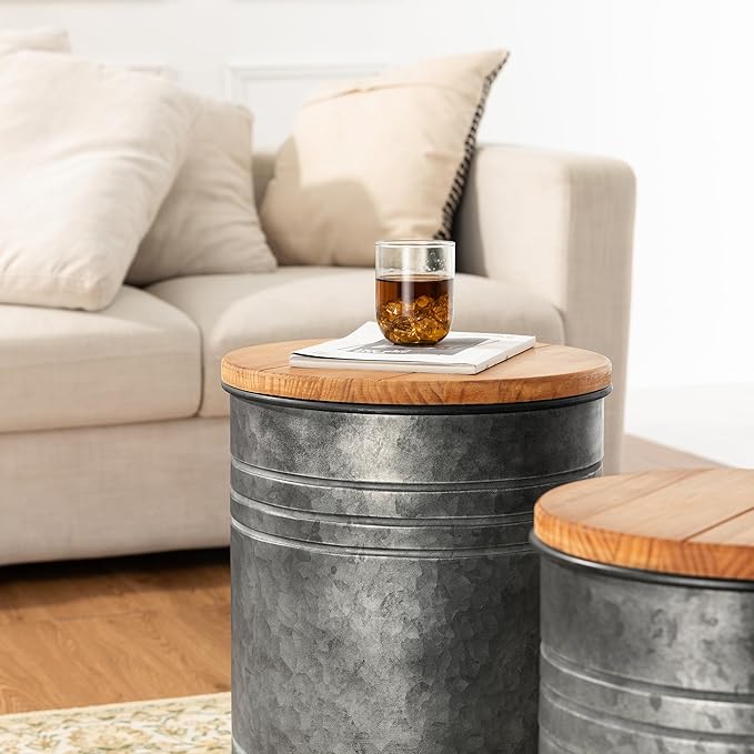 Glitzhome Farmhouse Accent Side Table, Metal Storage Stool Ottoman - Image 8