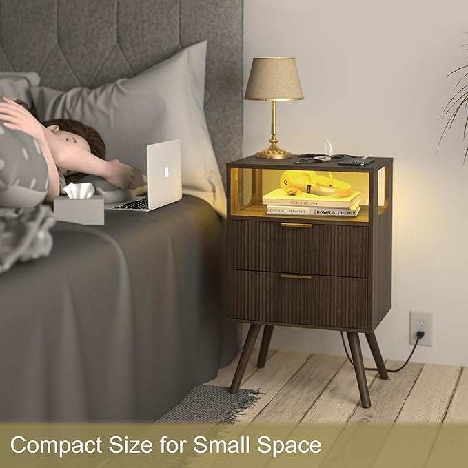 Nightstand with Charging Station and LED Lights, Modern Bedside Table with 2 - Image 4
