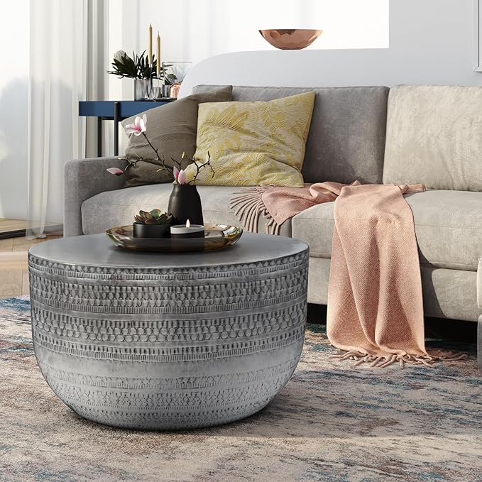SIMPLIHOME Johnsen 30-inch Wide Metal Drum Coffee Table in Antique Silver - Image 2