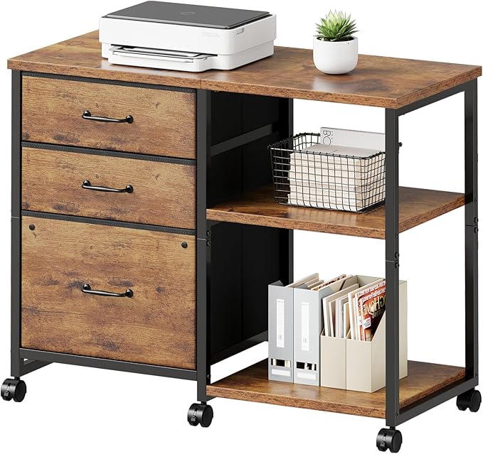 3 Drawer File Cabinet with Wheels Rolling Printer Stand with Open Storage Shelf by Maihail