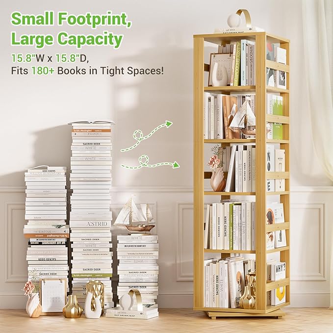 Homykic Rotating Bookshelf, Bamboo 360 Display Spinning Bookshelf Tower - Image 6