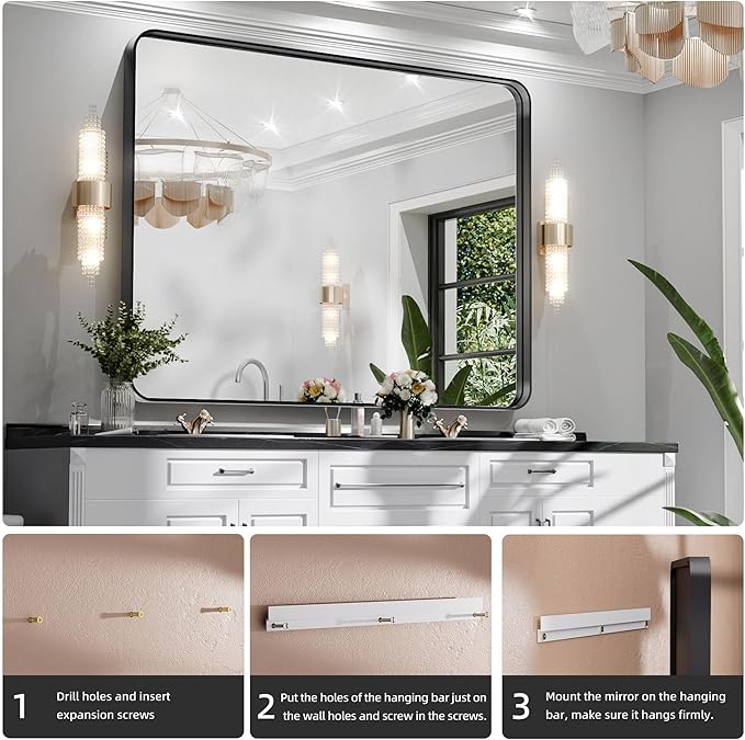 Hasipu Black Bathroom Mirror 50x40 Inch Rounded Rectangle Vanity Mirror Metal - Image 6