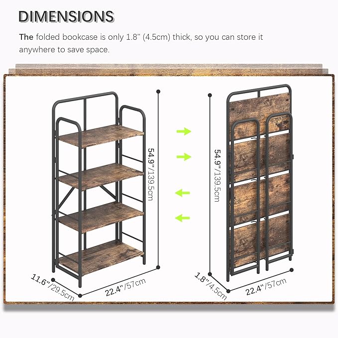 4NM No Assembly Folding Bookshelf 4 Tiers Vintage Industrial Black Book Shelf - Image 2