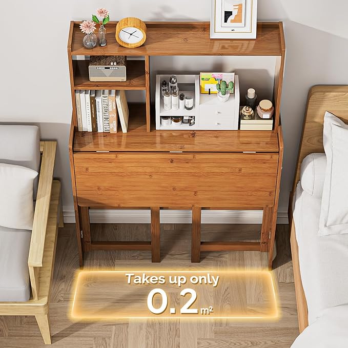 31.1" Bamboo Folding Desk with Bookshelf, Compact Computer Desk - Image 3