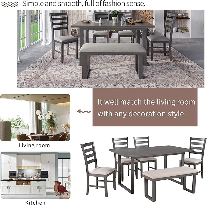 6 Pieces Dining Table Set with 60" Rectangle Kitchen Desk, Wooden Living Room - Image 4