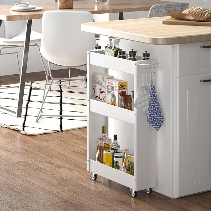 Slim Storage Cart, 5 in Width, 3-Tier White Rolling Cart - Image 4