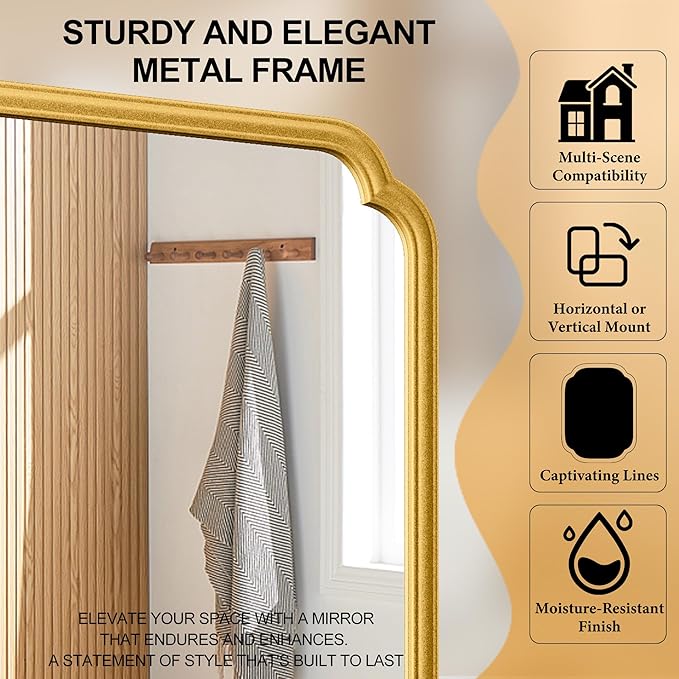 26"x40" Rustproof Bathroom Mirror Gold, Round Corner Metal Frame Wall Mirror - Image 5