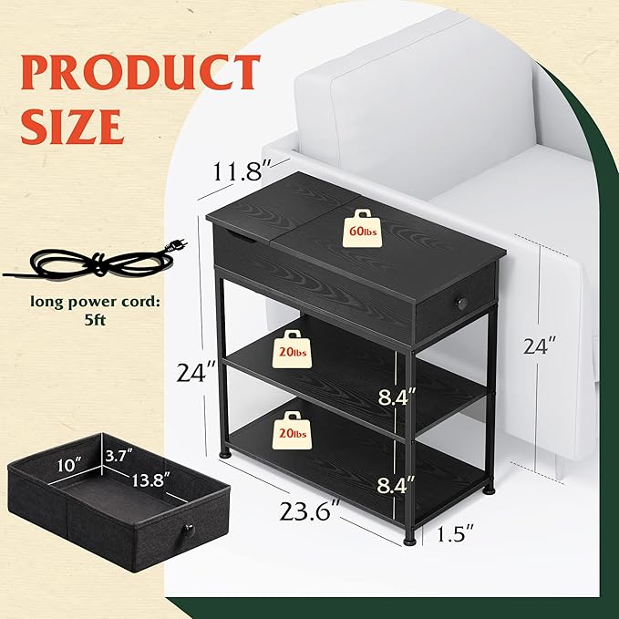 WLIVE Narrow Side Table with 2 USB Ports and 2 Outlets, Flip Top End Table with - Image 3