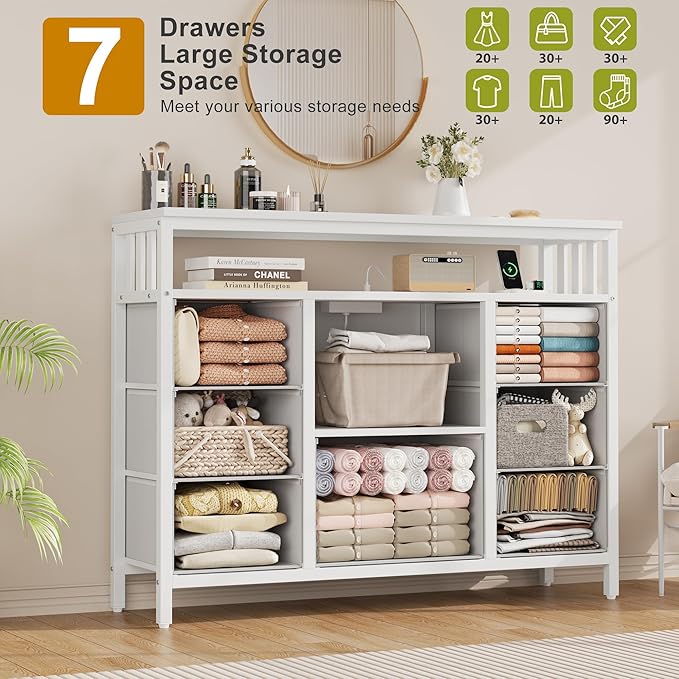 7 Drawer Dresser TV Stand with Power Outlets and LED Lights, Entertainment - Image 4