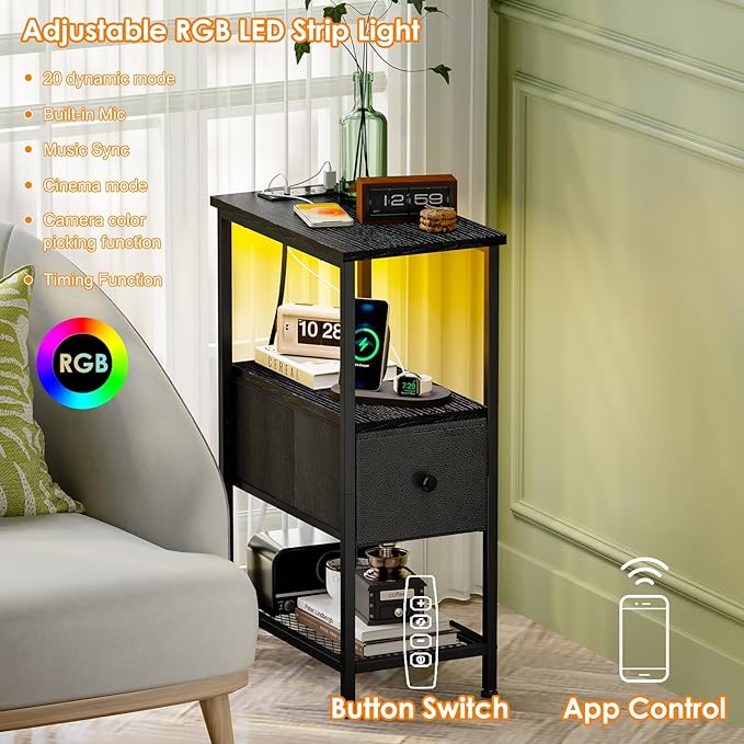 Fixwal Narrow Side Table with Charging Station and LED Light, Skinny Nightstand - Image 4