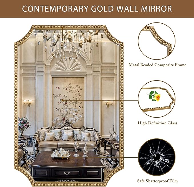 24"x36" Mirror for Wall, Scalloped Corners Rectangle Decorative Mirror - Image 3
