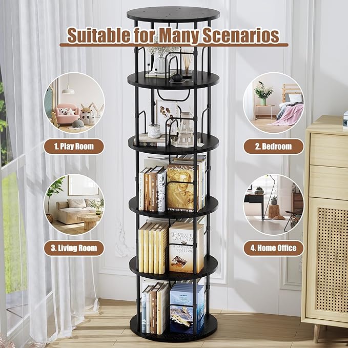 5 Tier Rotating Bookshelf, 360 ° Display Stackable Spinning Bookshelf Tower - Image 7