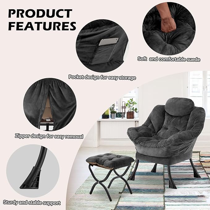 Lazy Chair with Folding Ottoman, Leisure Sofa Chair, Soft Fabric Armchair with - Image 5