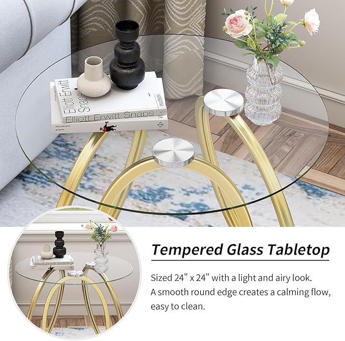 O&K FURNITURE Gold Modern Round Glass End Table - Image 5