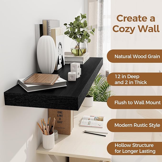 Black Floating Shelves 36 Inch Long, 12 Inch Deep Floating Shelves - Image 5