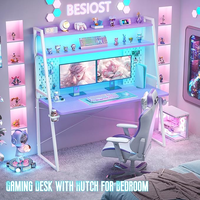 Gaming Desk with Hutch and LED Lights, Gaming Computer Desk with Power Outlets - Image 3
