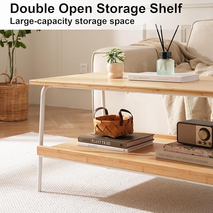 Coffee Table with 2 Tier Storage- Farmhouse Bamboo Coffee Tables, Mid Century - Image 3