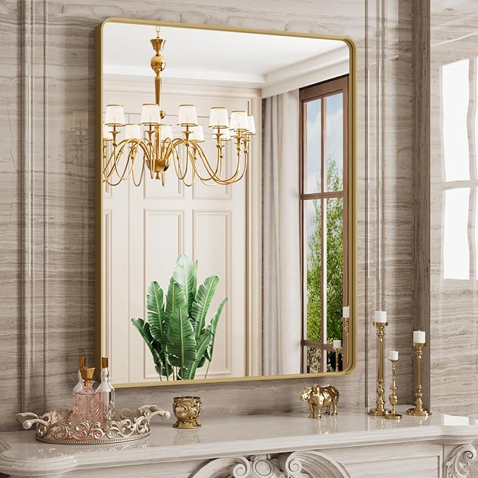 Gold Bathroom Mirror, 28x36 Inch Brushed Gold Metal Frame Mirror by JISOSO