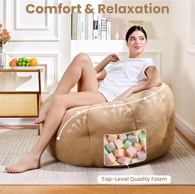 Bean Bag Chair with Filler Included, Faux Fur Comfy Chair with Petal Arm Rest - Image 5