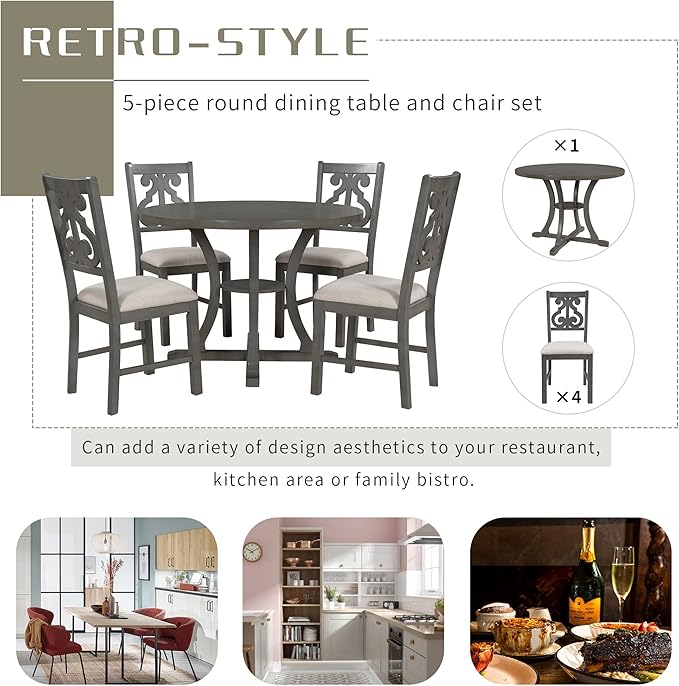 Merax 5 Piece Round Dining Table Set 4 Retro Chairs - Image 4