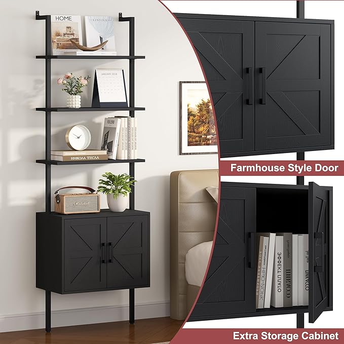 Yusong 73" Tall Bookshelf with Cabinet, Industrial Ladder Wall Mount Shelf - Image 6
