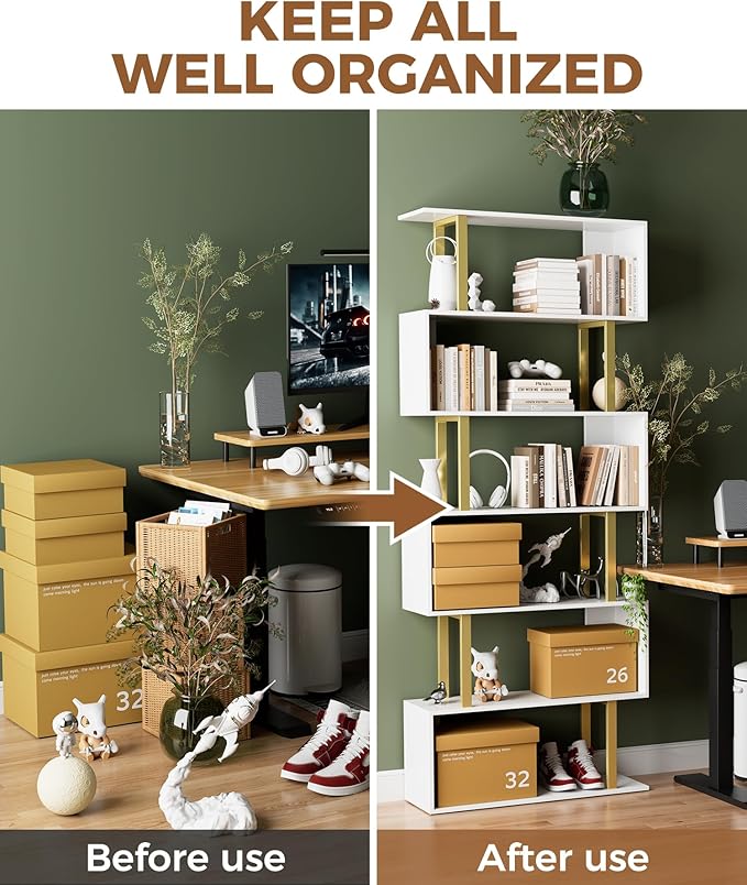 Gadroad 6-Tier Geometric Bookcase, S Shaped Bookshelf, Wood Decorative Storage - Image 7