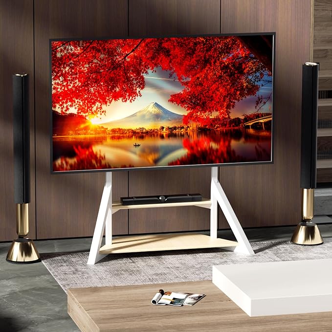 unho White TV Floor Stand with Wheels Shelves - Image 5