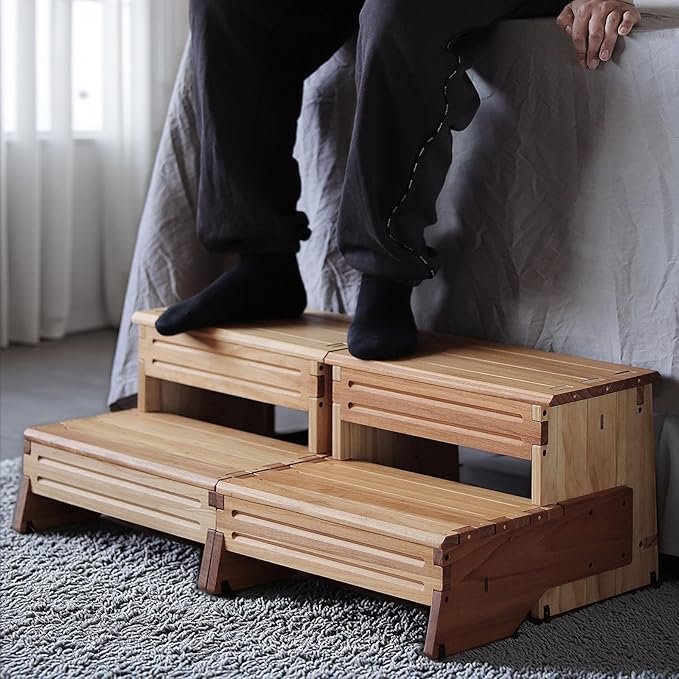 32" Wooden Two Step Stool for Adult & Kid, Deeper & Safer Bedside Steps by unununu