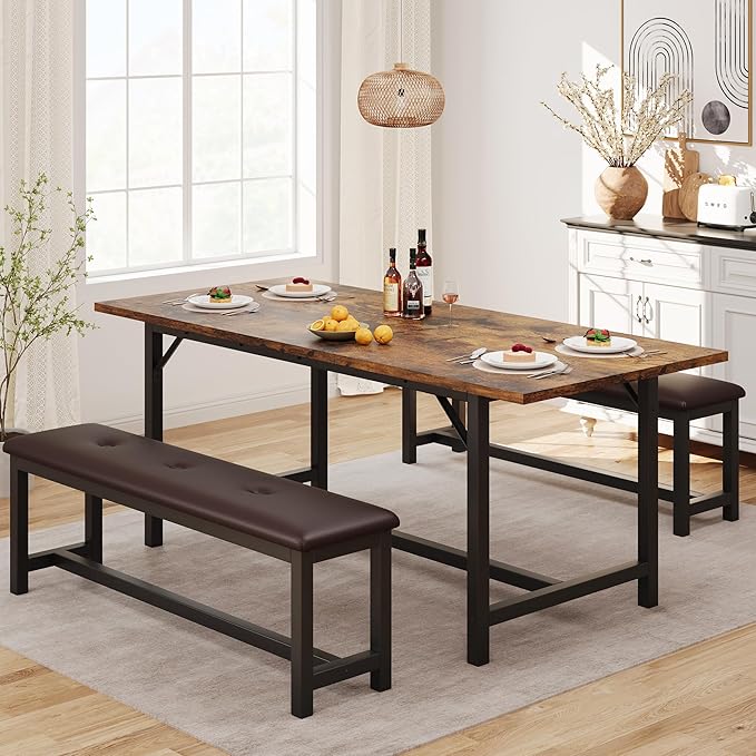 3-Piece Dining Table Set for 4-6 People, Extendable Kitchen Table Set by SLEKVERSA