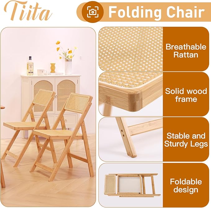 Tiita Rattan Dining Chairs Set of 2, Mid Century Modern Folding Chair, Bamboo - Image 7