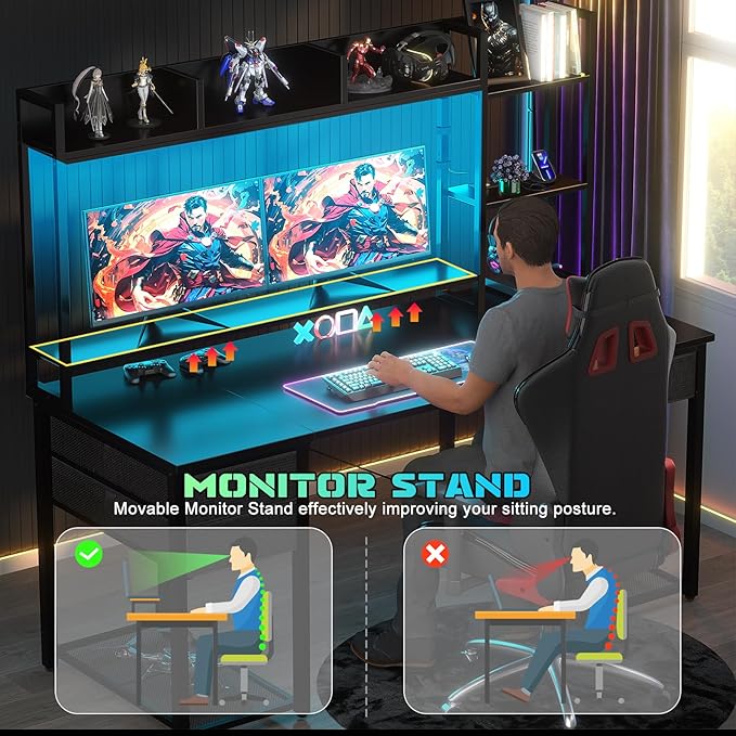 Aheaplus Desk with LED and Outlets, Gaming Desk with Hutch, 55.2'' Computer - Image 7