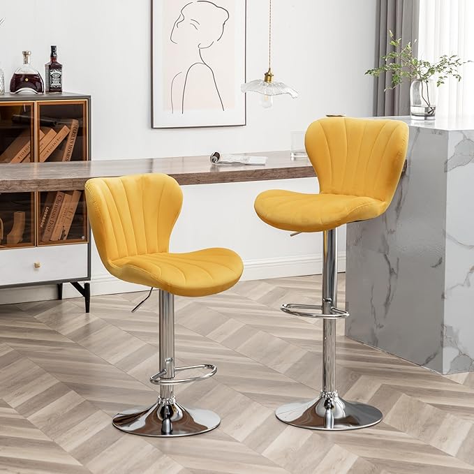 Roundhill Furniture Ellston Velvet Adjustable Swivel Barstools in Yellow by RoundhillFurniture