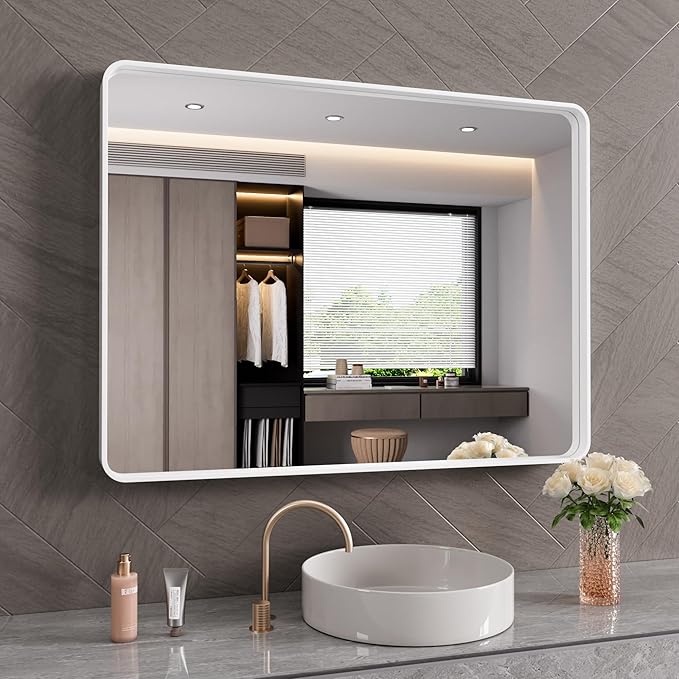 White Bathroom Mirror 40x30 Inch, Rounded Rectangle Matte Bathroom Vanity Mirror by JISOSO