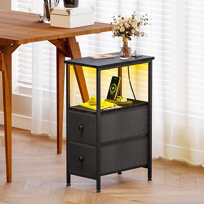 Fixwal Narrow Side Table with Charging Station and LED Light, Skinny Nightstand - Image 7